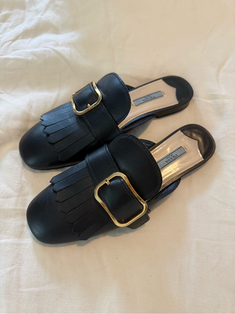 Prada Black Leather Kiltie Fringe Buckle Slip-On Mules EUC - Picture 10 of 10